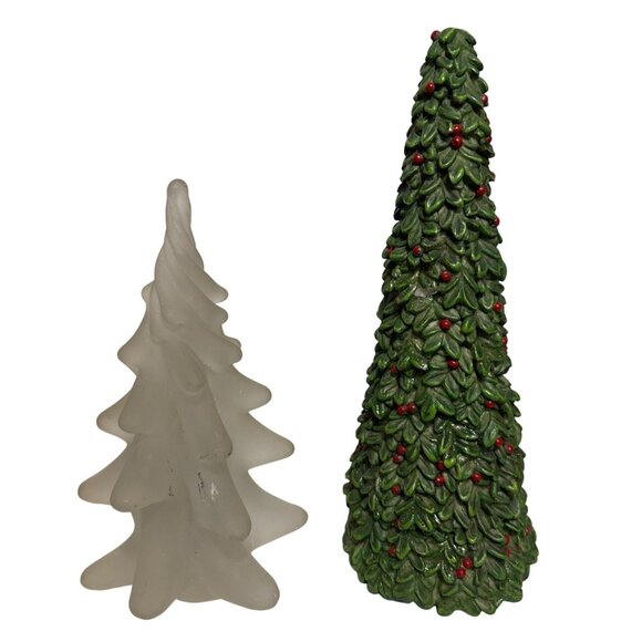 2 Christmas Tree Decor Frosted Satin Art Glass 6" Resin Tree w/ Holly Berries 8" - Picture 1 of 11
